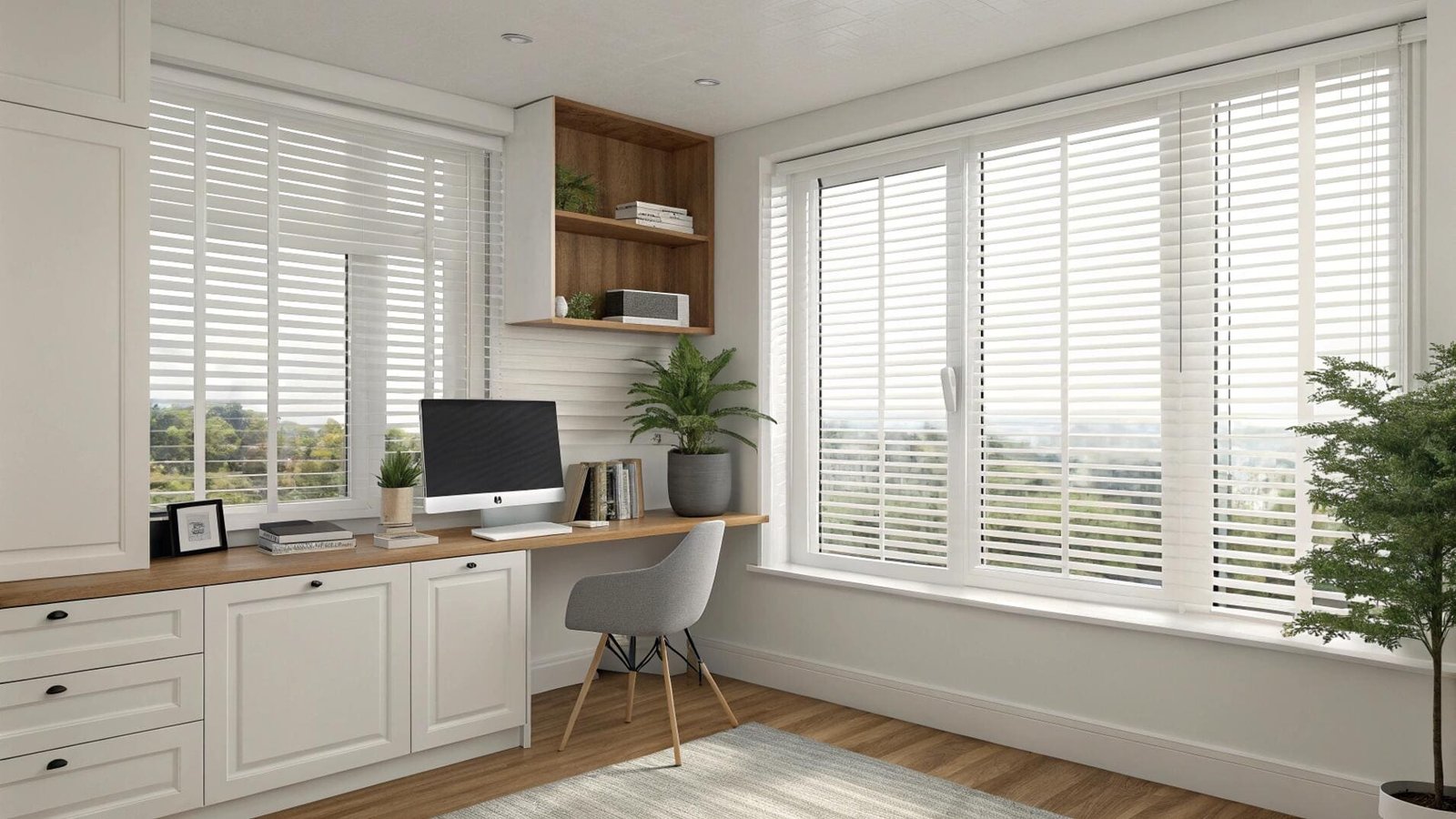White horizontal blinds create bright modern home office space