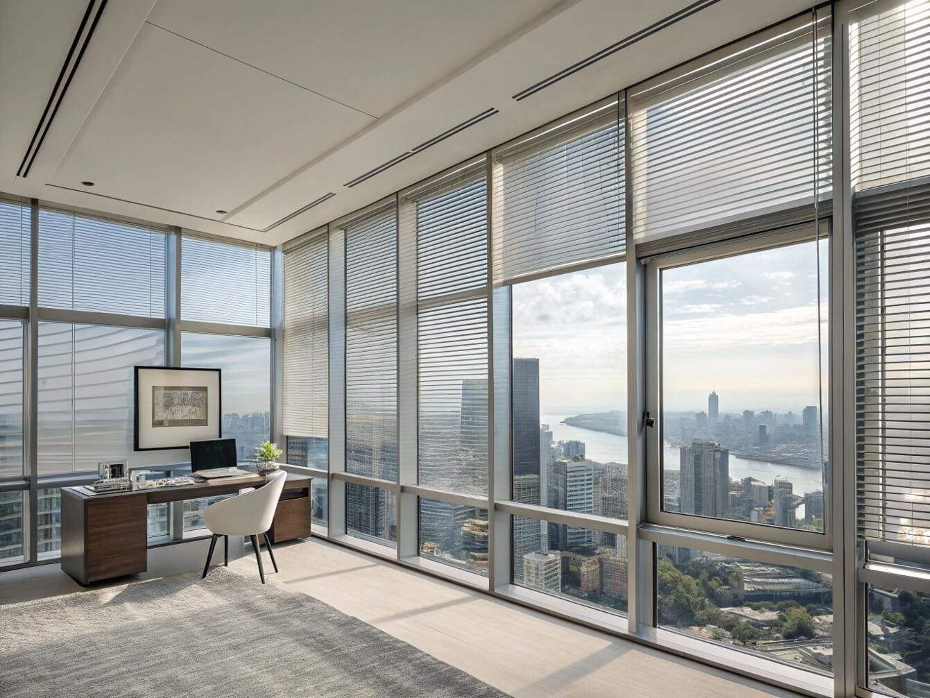 Minimalist office with horizontal blinds and river city views