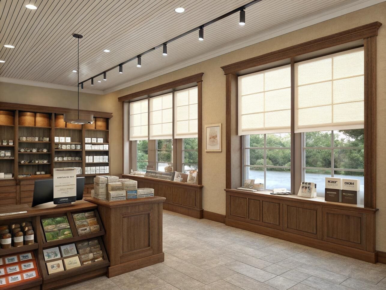 Gourmet gift shop with soft sheer window shades and wood finishes