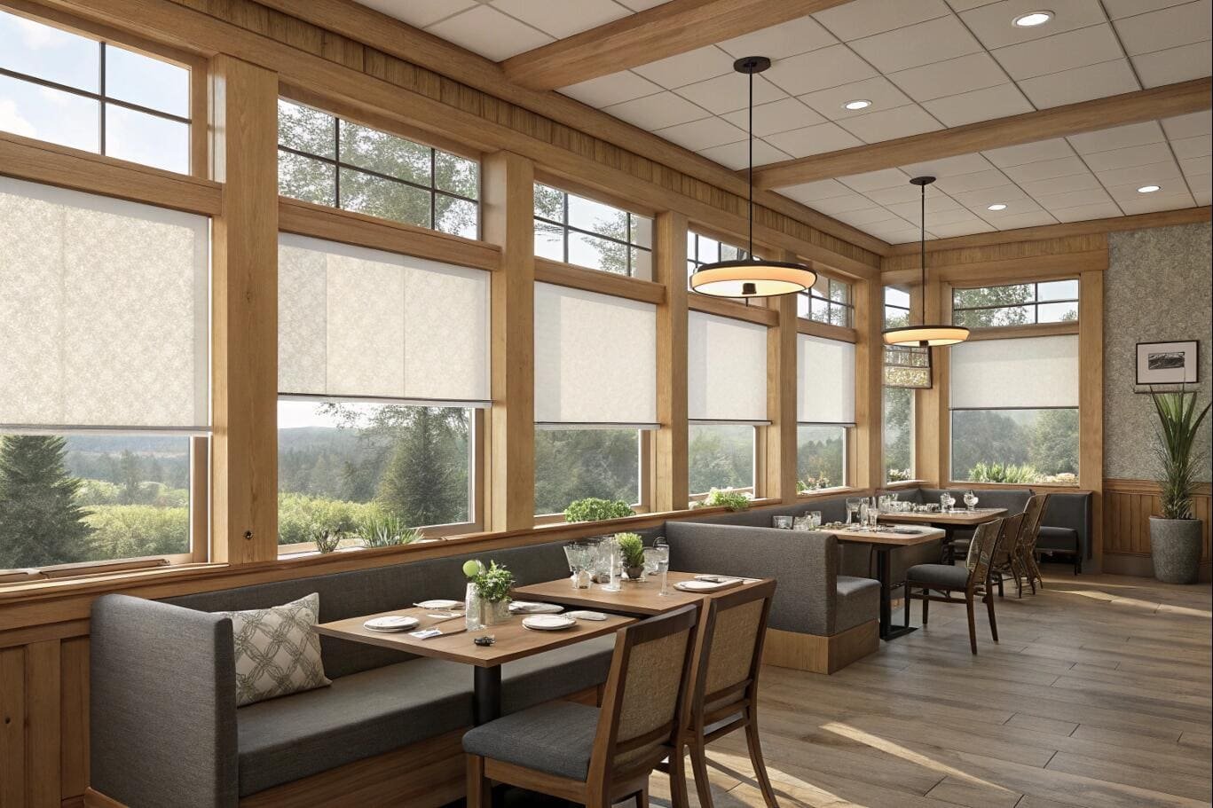 Restaurant dining area with light-filtering roller shades and booths