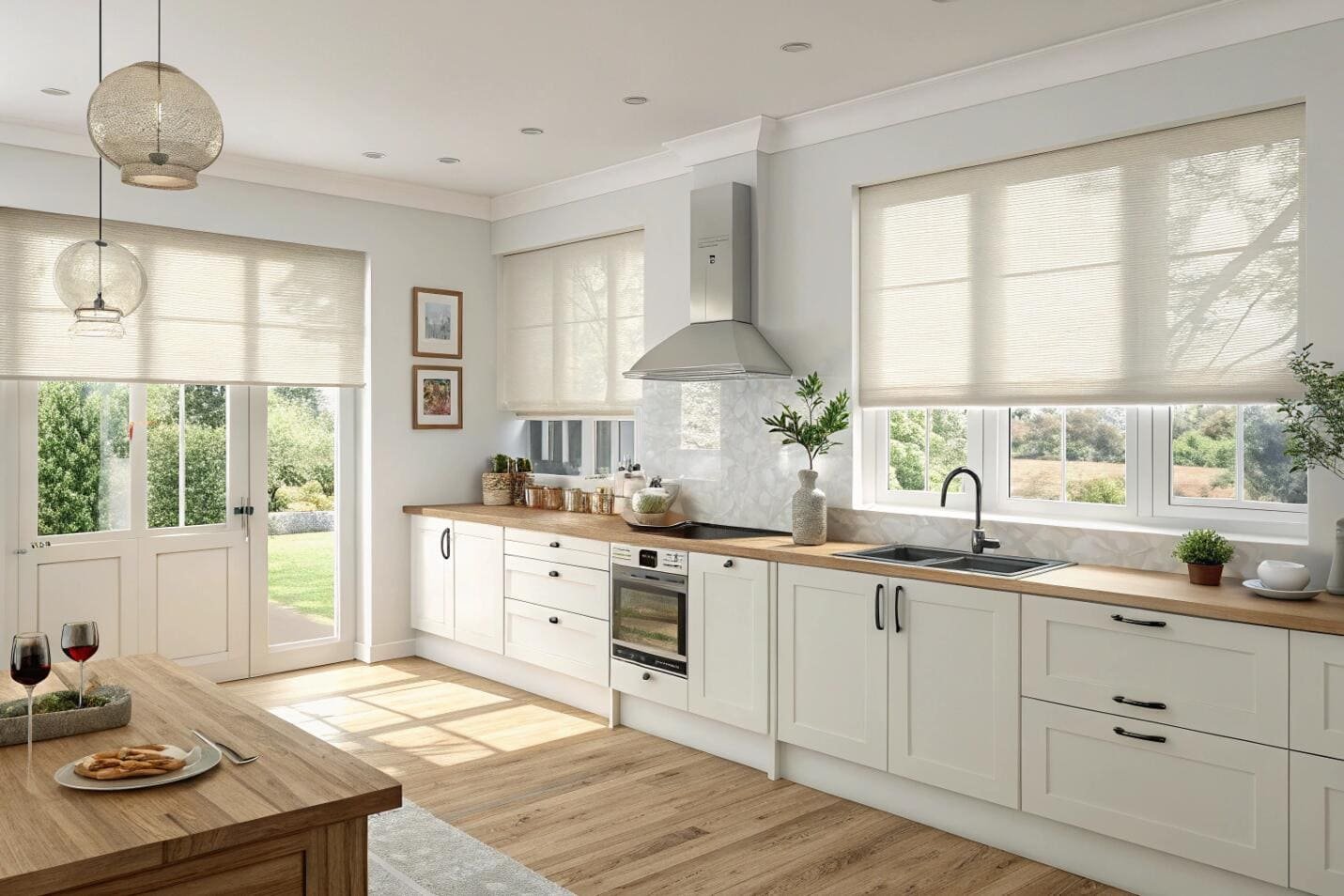 Modern kitchen with light cream roller shades and garden view