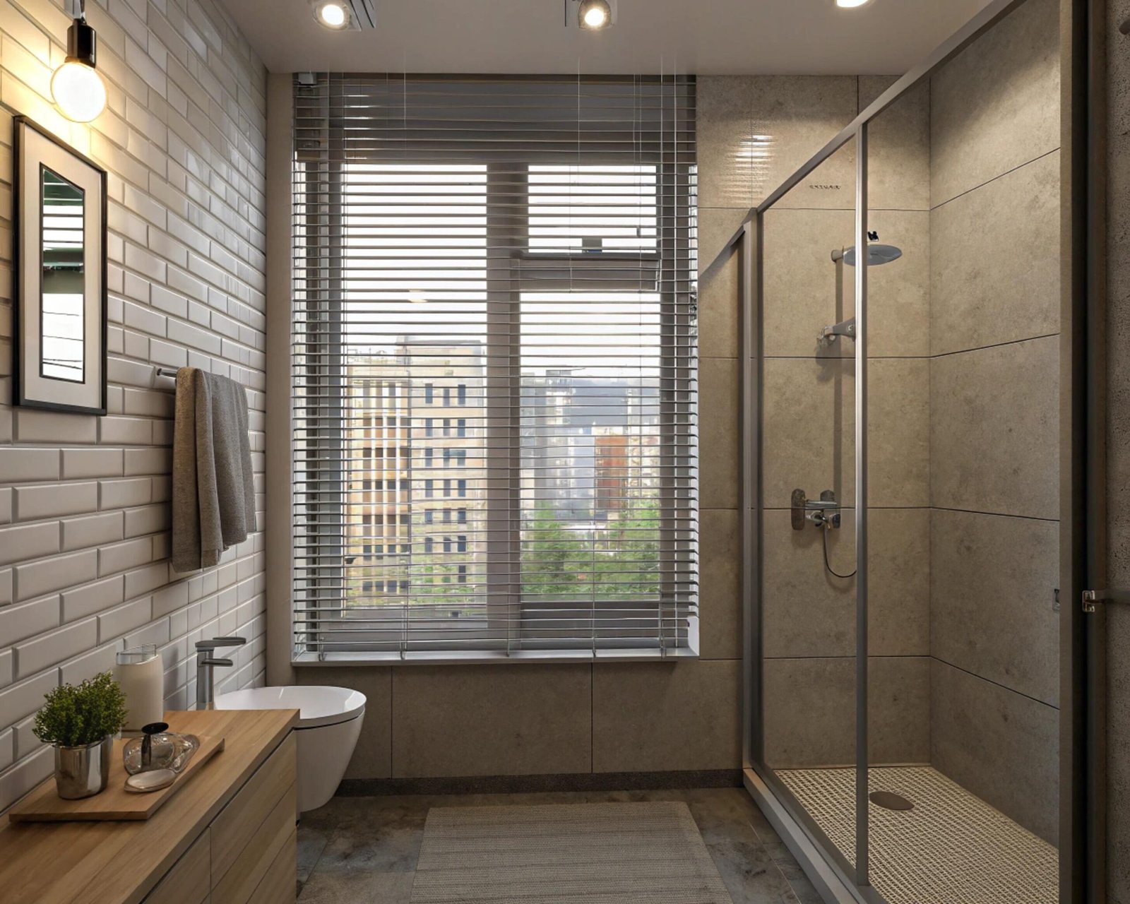 Modern bathroom with grey Venetian blinds over a large window overlooking city