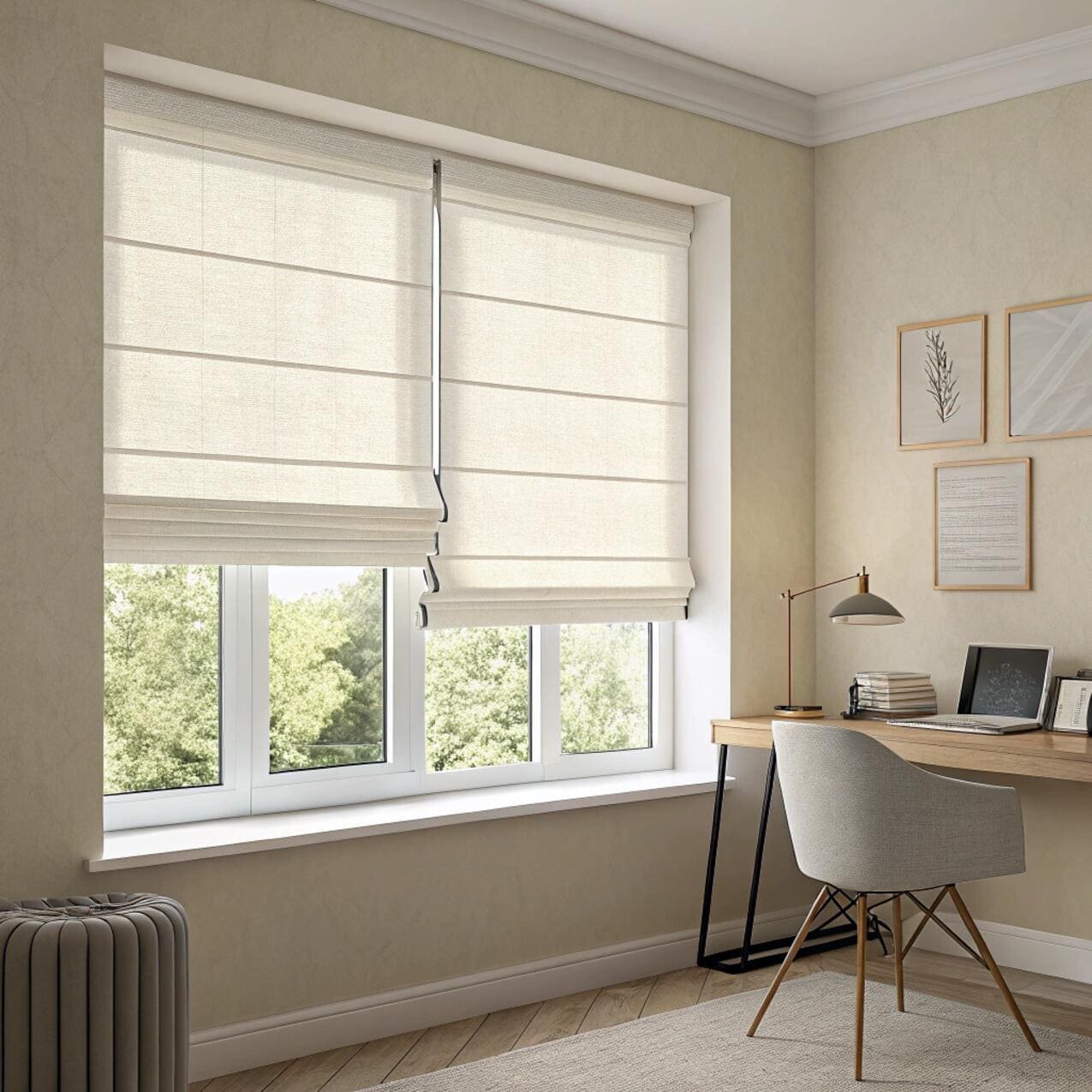 Home office with two windows and beige roman shades