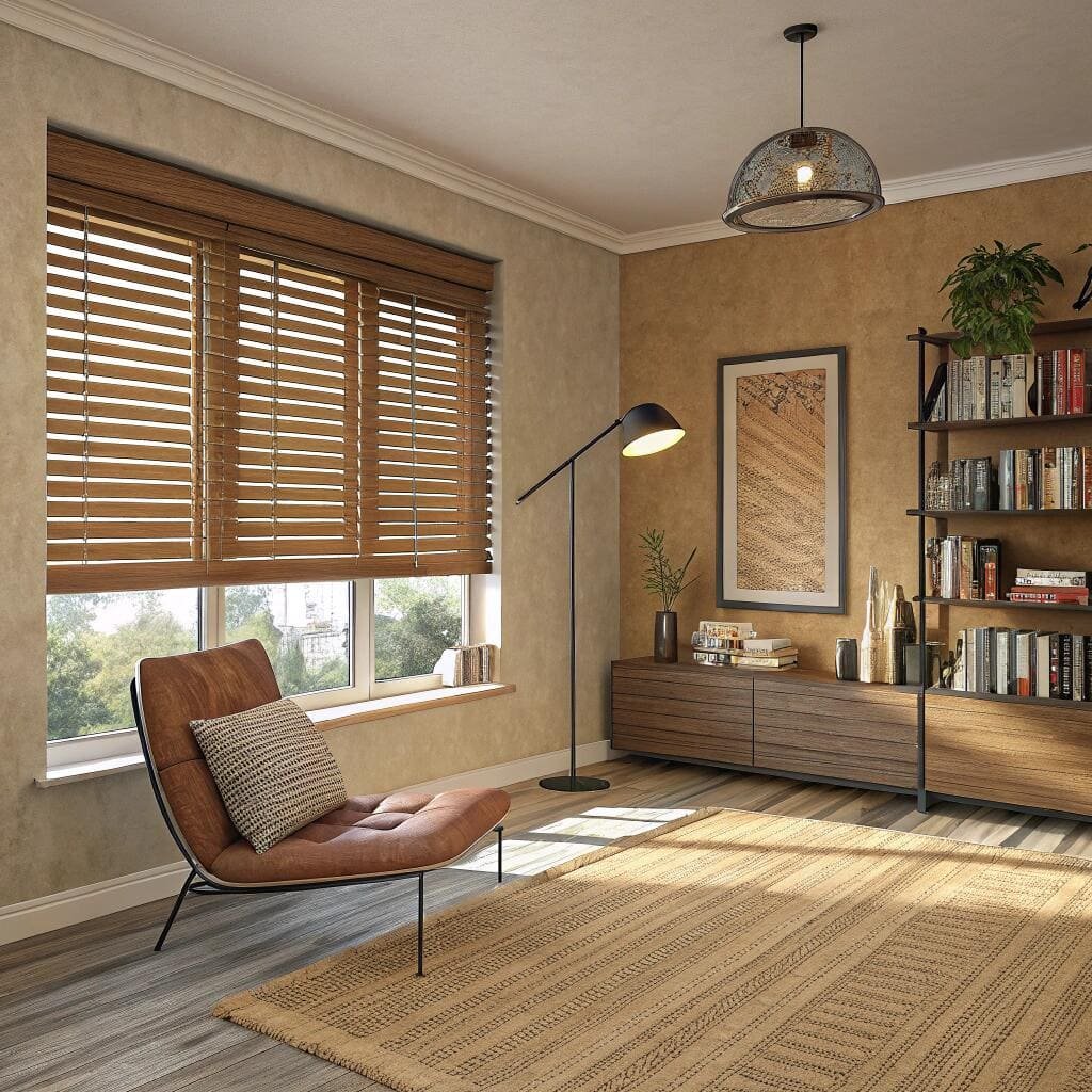 Warm study with wood blinds and mid-century decor