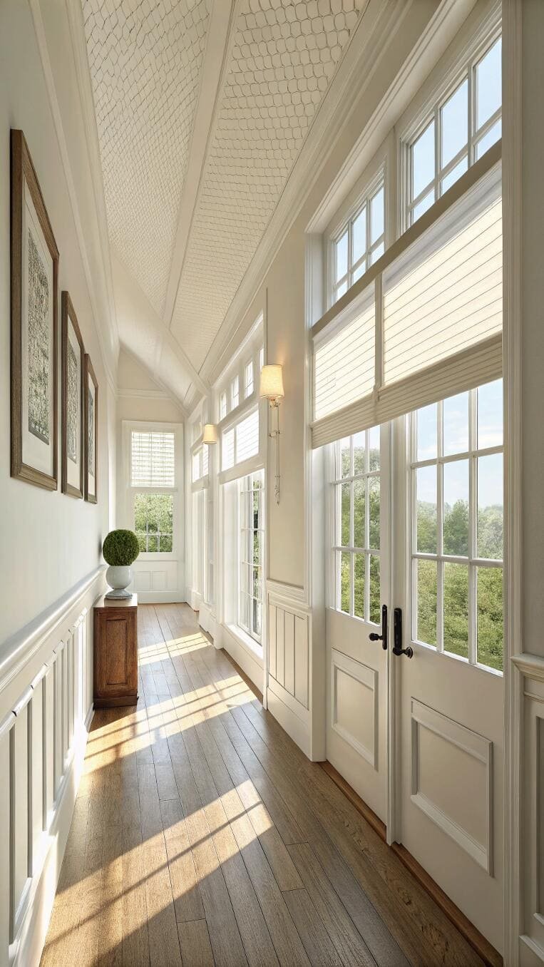Bright hallway with cellular shades on upper windows and door lites