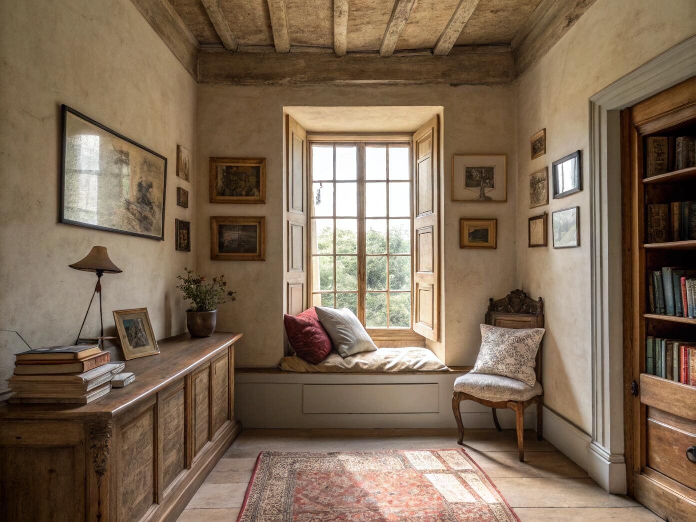 Rustic room with window seat and classic wooden shutters