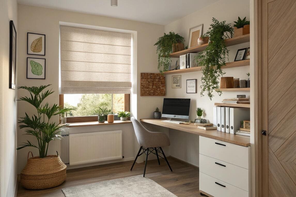 Home office with plants and a neutral roman shade