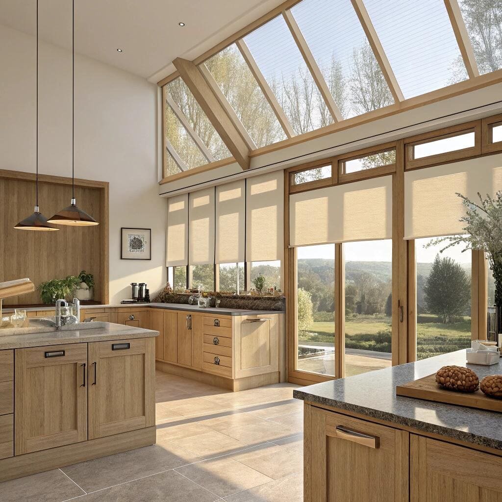Modern kitchen with skylight and roller shades