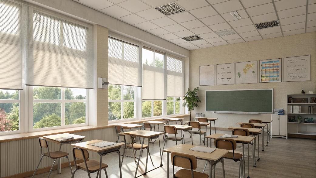 Classroom with multiple windows and light-filtering cellular shades