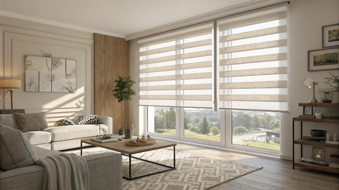 Living room with large windows and modern sheer horizontal shades