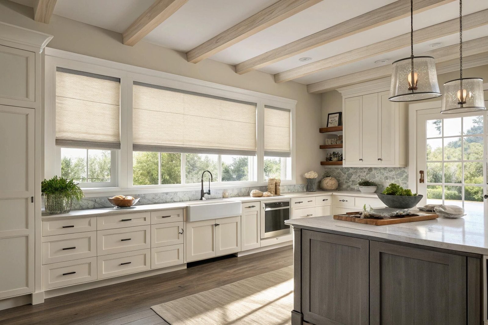Elegant kitchen with white cabinets and multiple windows featuring roman shades