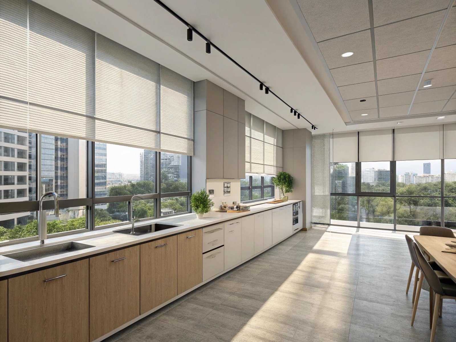 Contemporary office kitchen with large windows and light cellular blinds