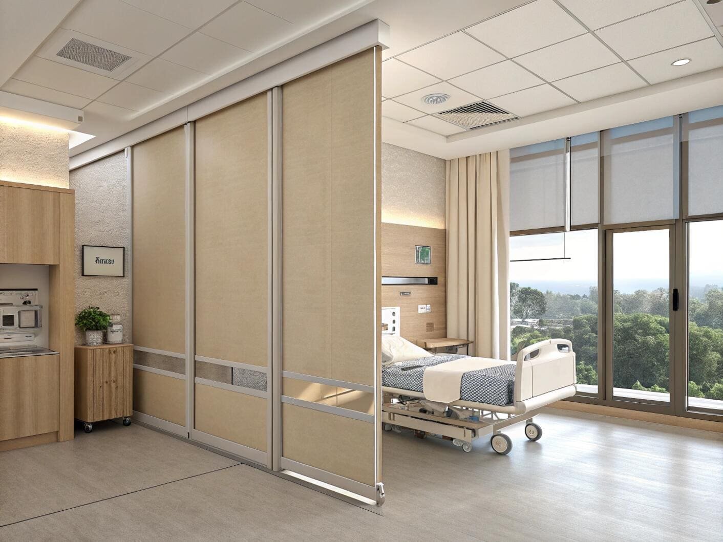 Hospital room with bed, privacy screens, and light-blocking shades