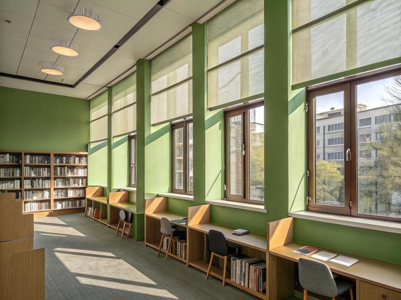 Modern library with green walls, study carrels, and light-filtering roller shades