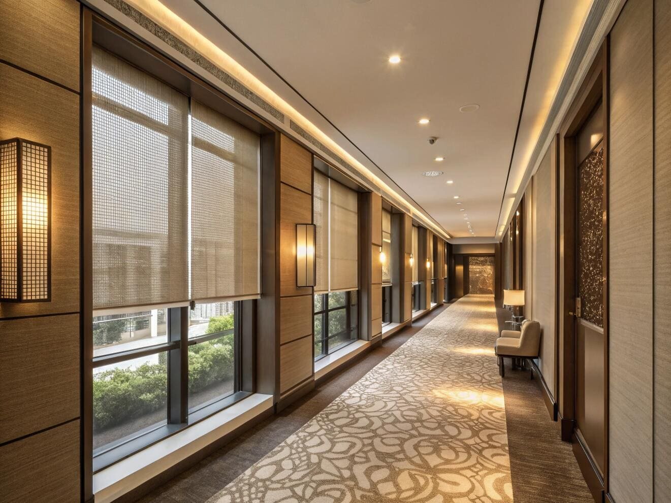 Hotel hallway with sophisticated lighting and textured roller shades on windows