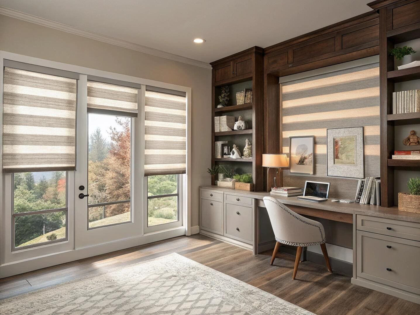 Home study with zebra blinds and natural views