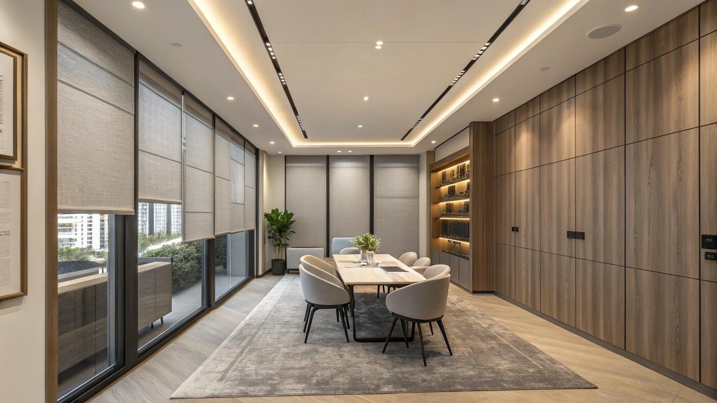 Executive boardroom with sleek design and smart roller shades