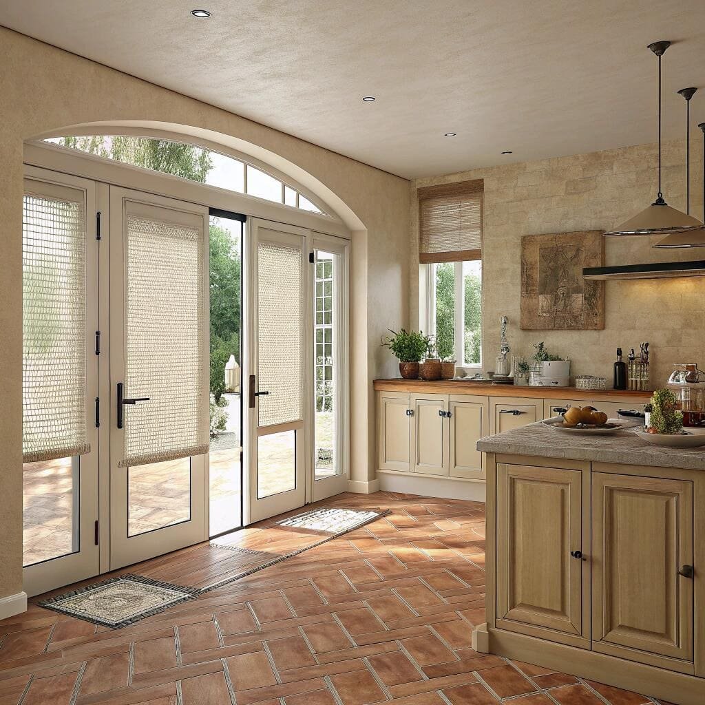 Rustic kitchen with roller blinds and French doors