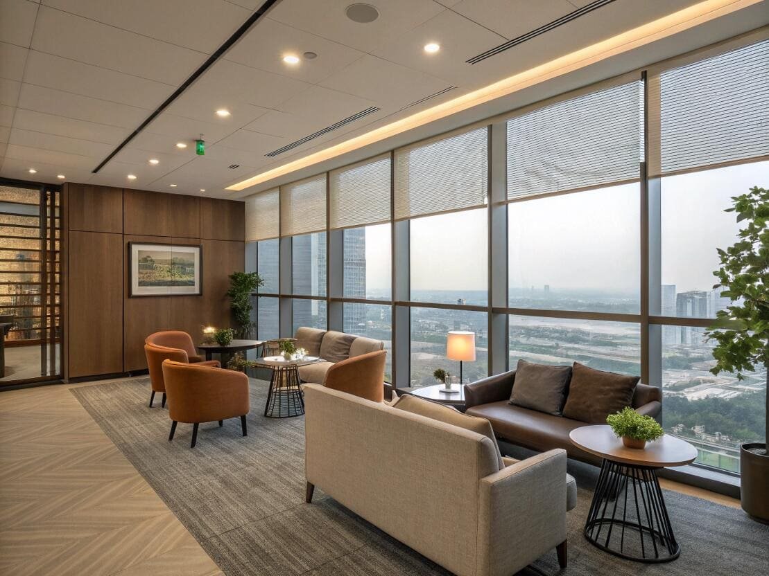 Executive waiting area with pleated window shades and city skyline
