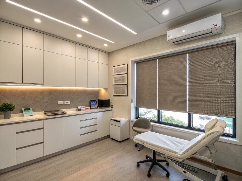 Medical examination room featuring privacy-enhancing roller shades.