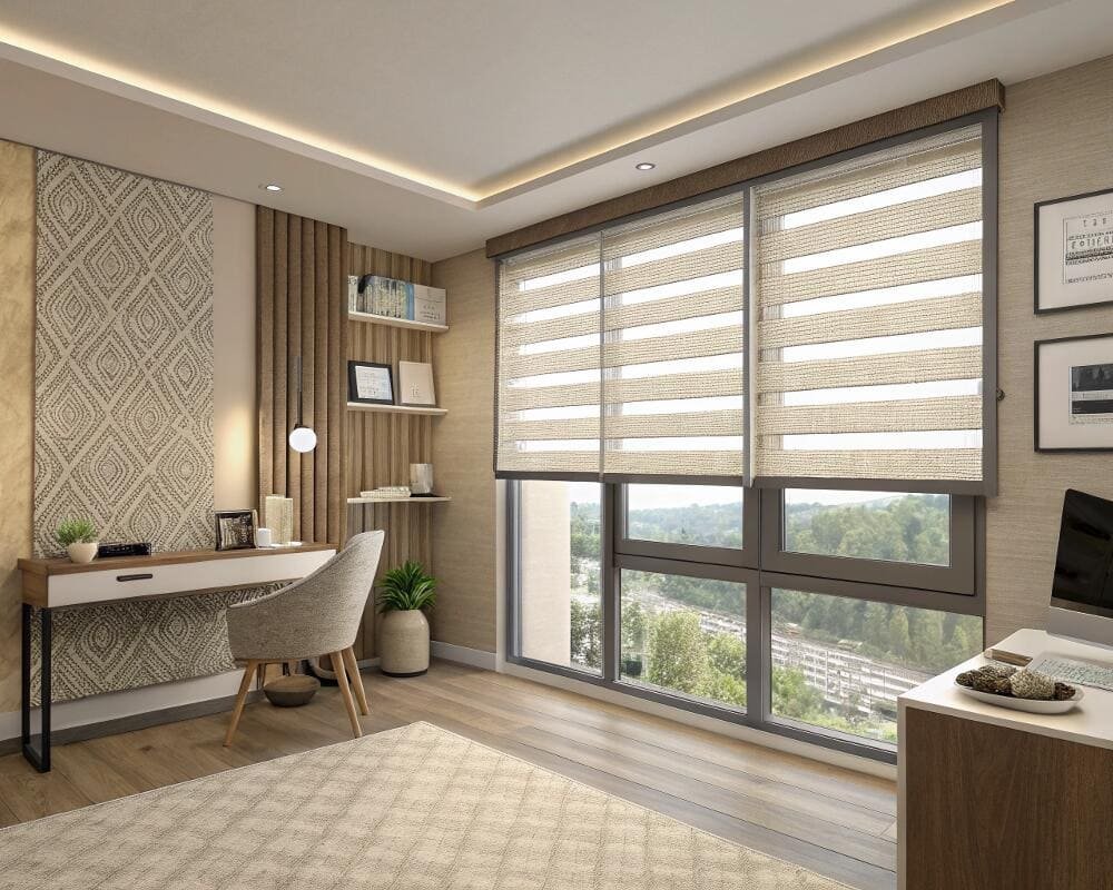 Stylish residential study featuring elegant zebra blinds for versatile light