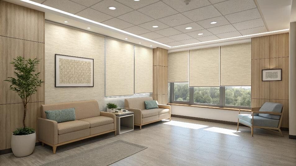Inviting waiting area with light-colored roller shades and comfortable seating.