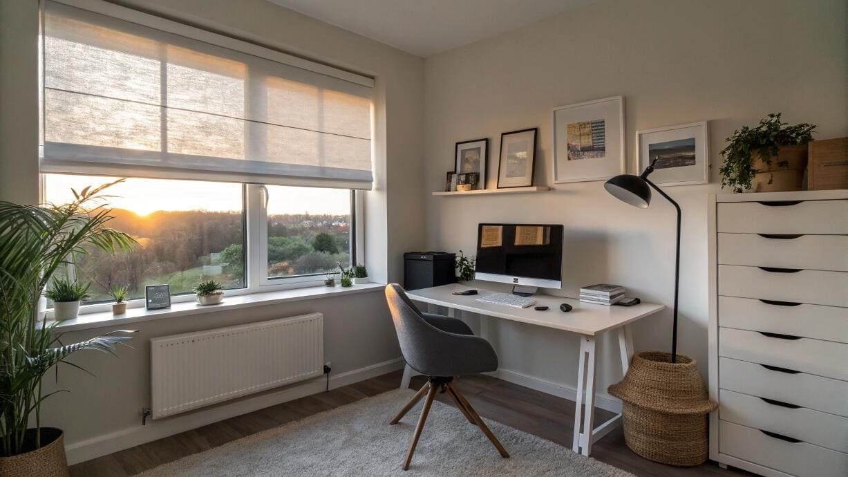 Home office with a Roman blind on a window, capturing warm sunset light.