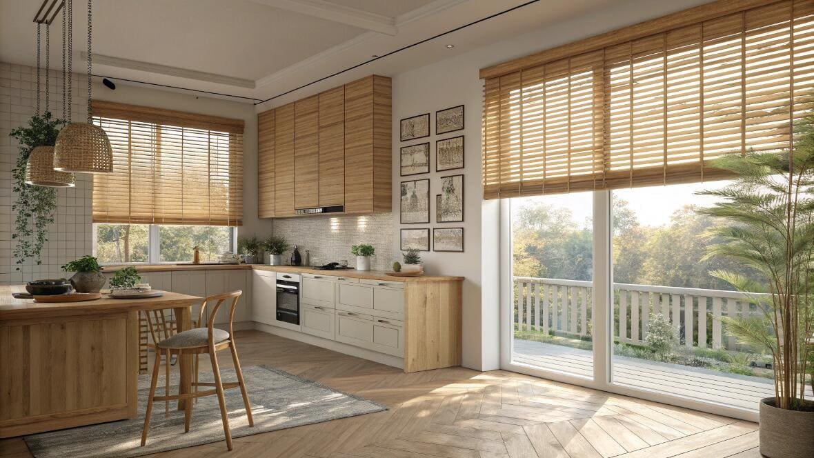 Spacious kitchen with wooden blinds on windows and patio door, complementing cabinetry.