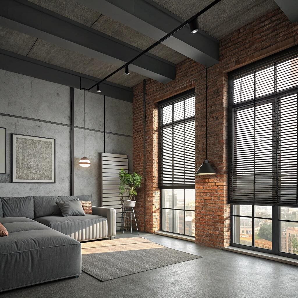Loft apartment with black wood blinds and brick walls