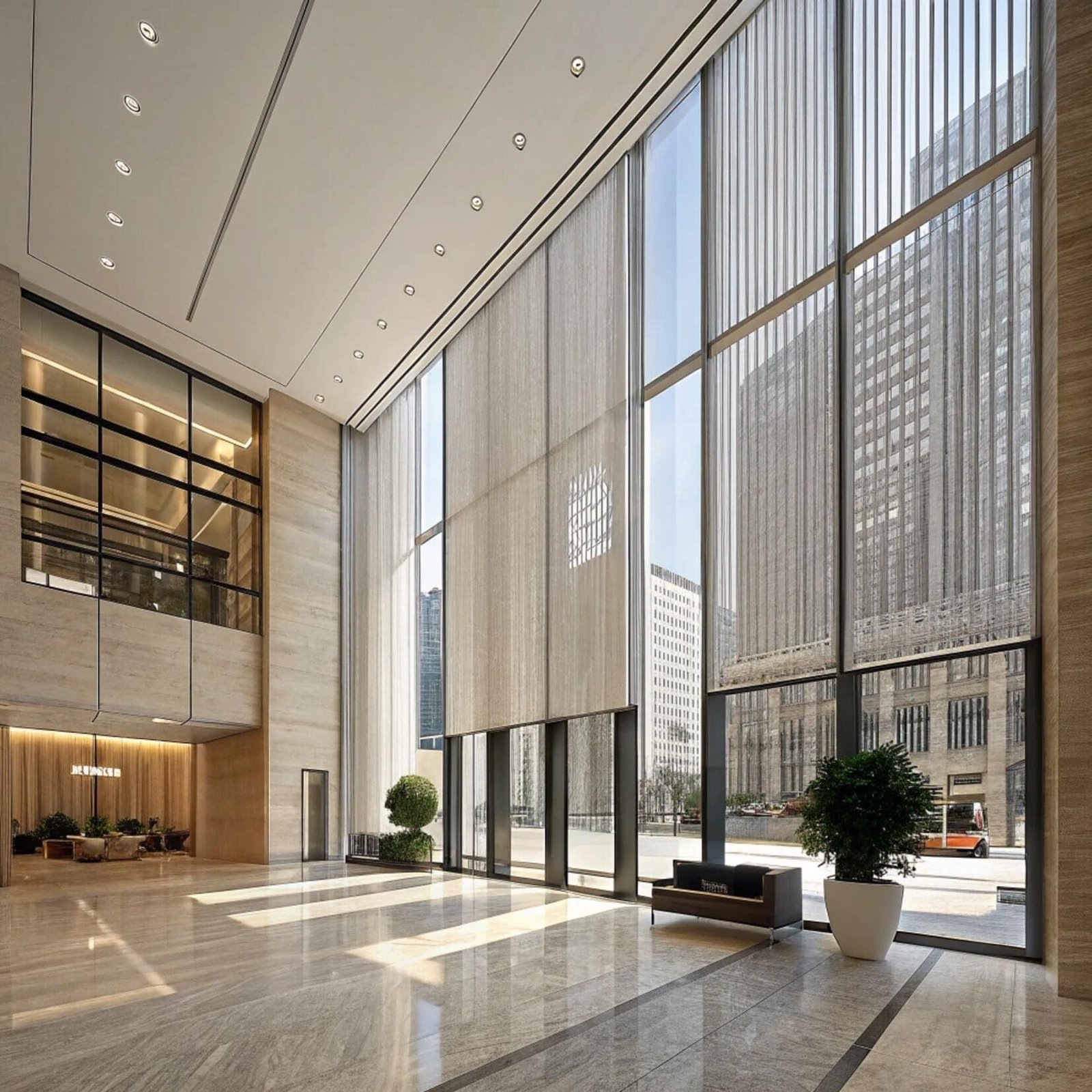 Grand lobby with extra-tall sheer roller blinds and city view