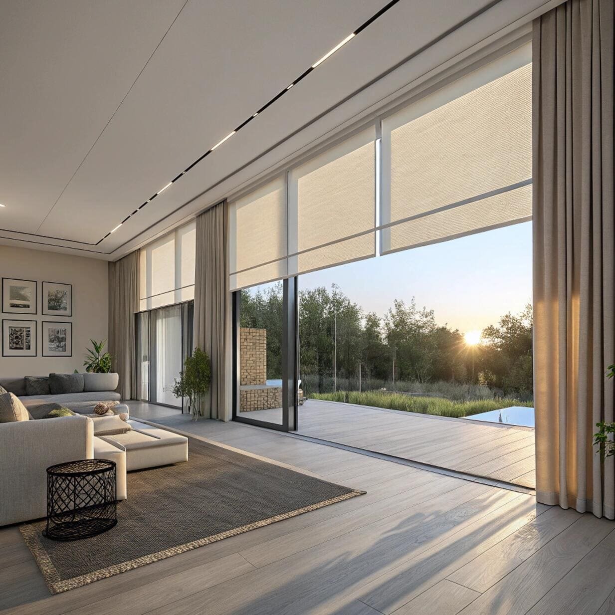Living room with large motorized roller blinds