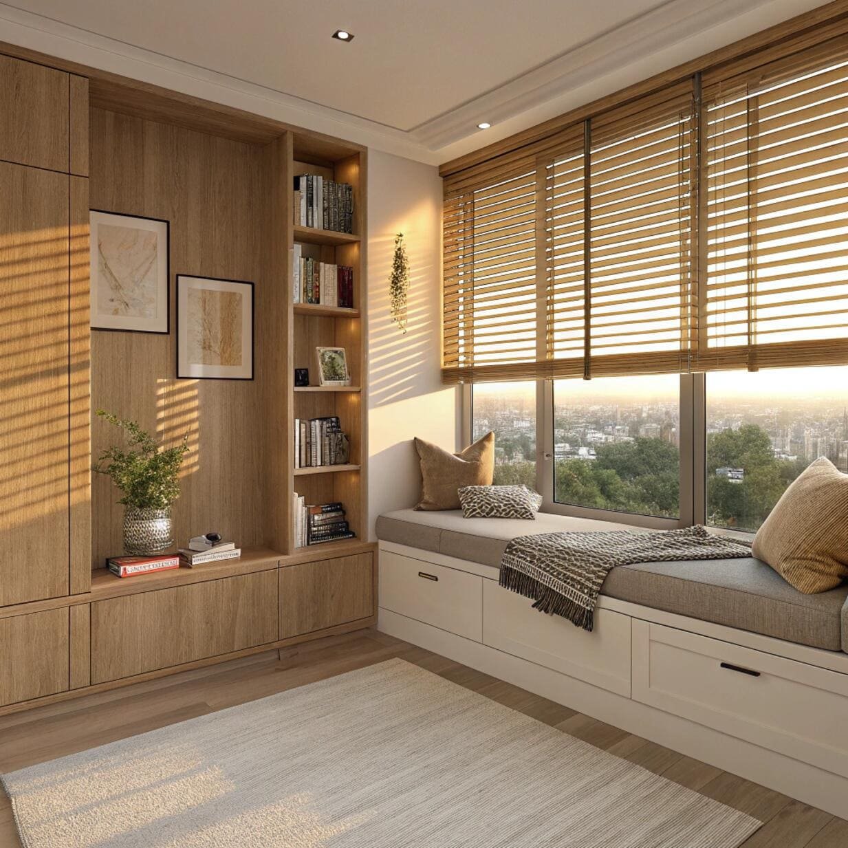 Reading nook with natural wooden venetian blinds