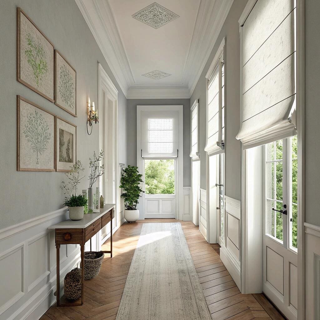Bright hallway with white roman shades and décor