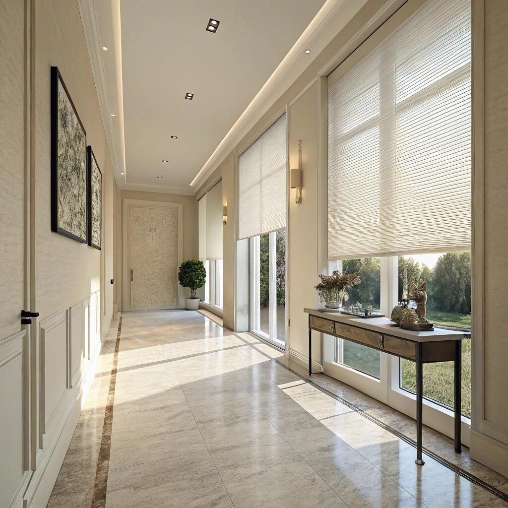 Bright hallway with elegant white roman blinds