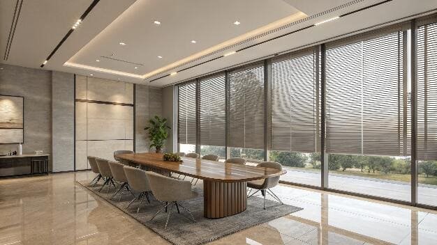 Modern conference room with motorized venetian blinds