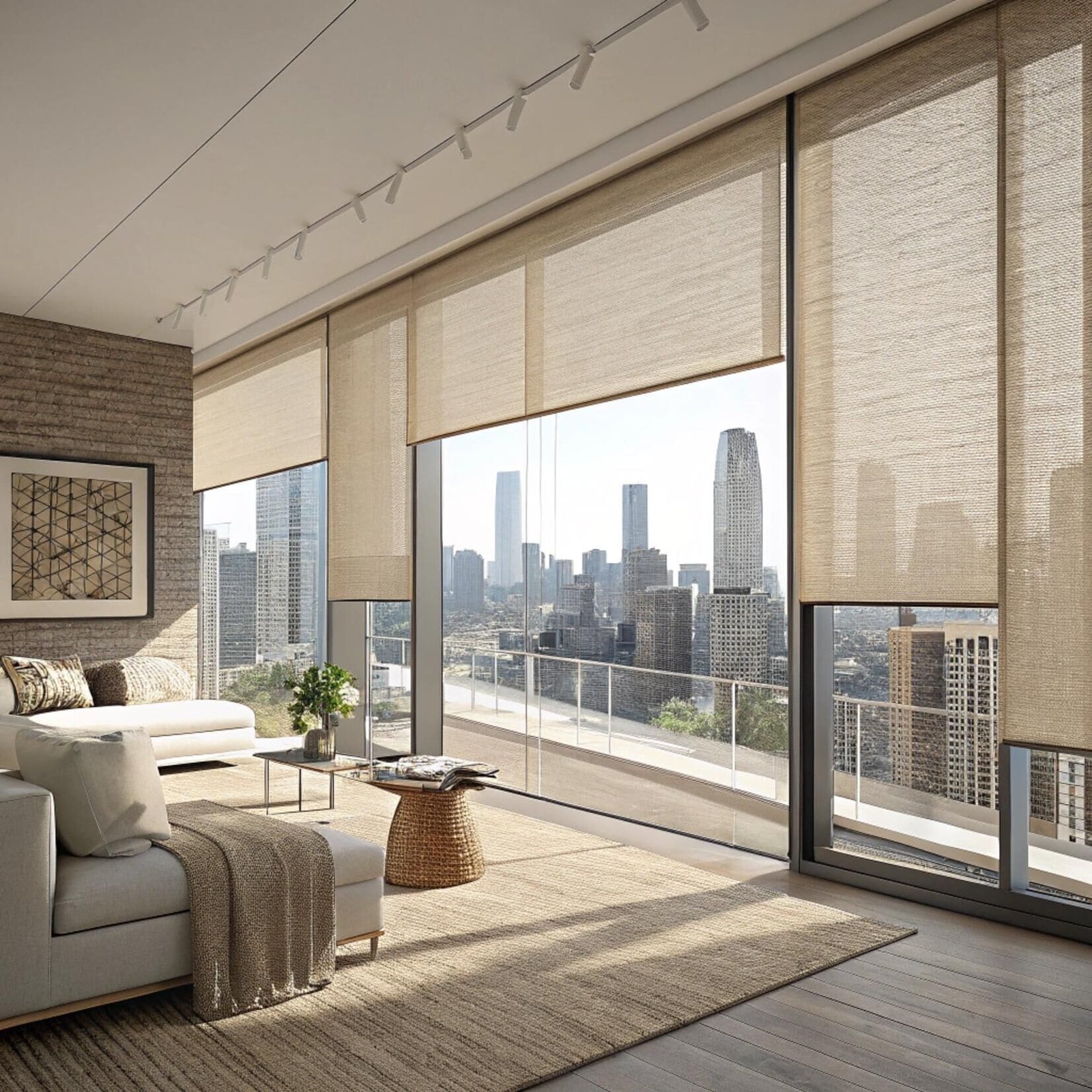 Urban living room with beige solar roller shades