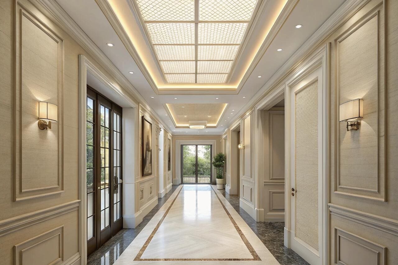 Elegant hallway with coffered ceiling and wall sconces