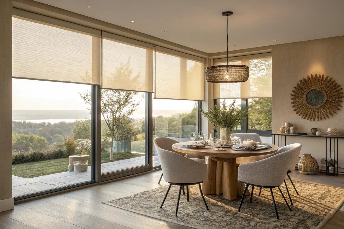 Elegant dining room with motorized roller blinds