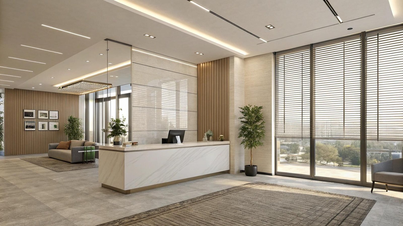 Corporate lobby with stylish venetian blinds and reception