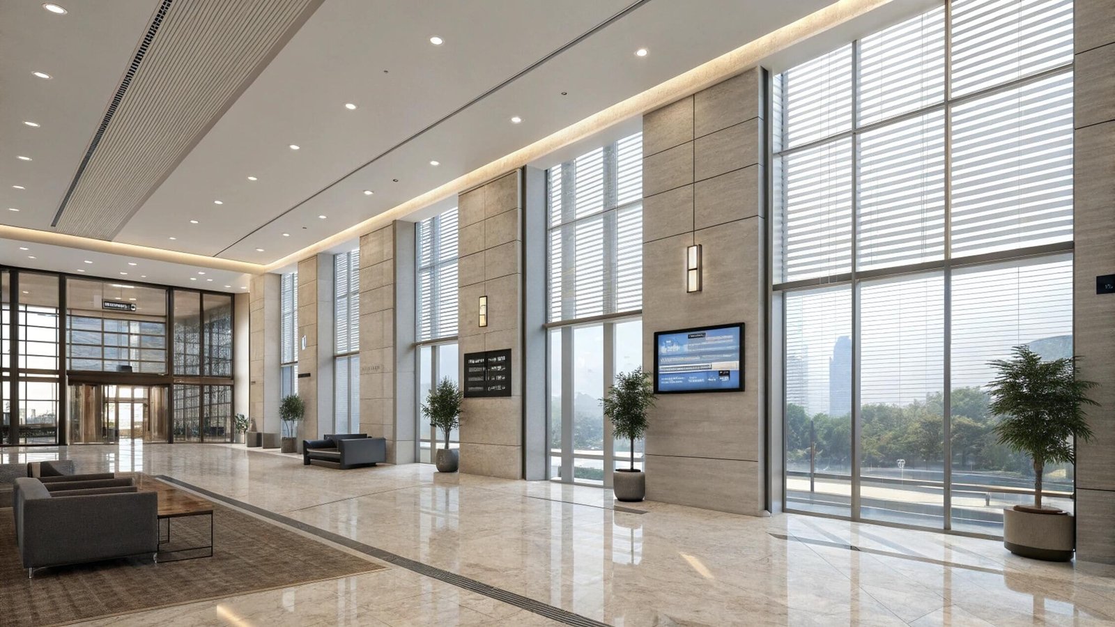 Spacious business lobby with vertical venetian blinds