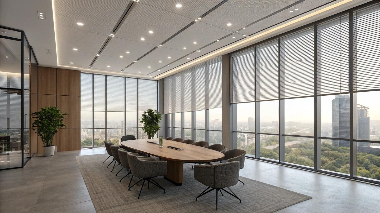 Panoramic boardroom with venetian blinds and skyline