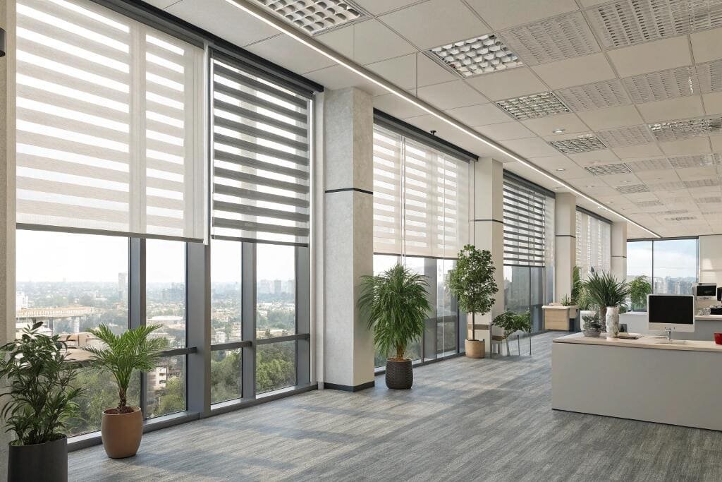 Open plan office with zebra roller blinds