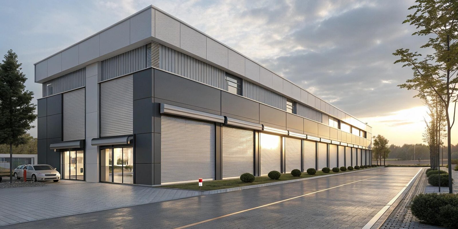 Modern facility with exterior roller shutters