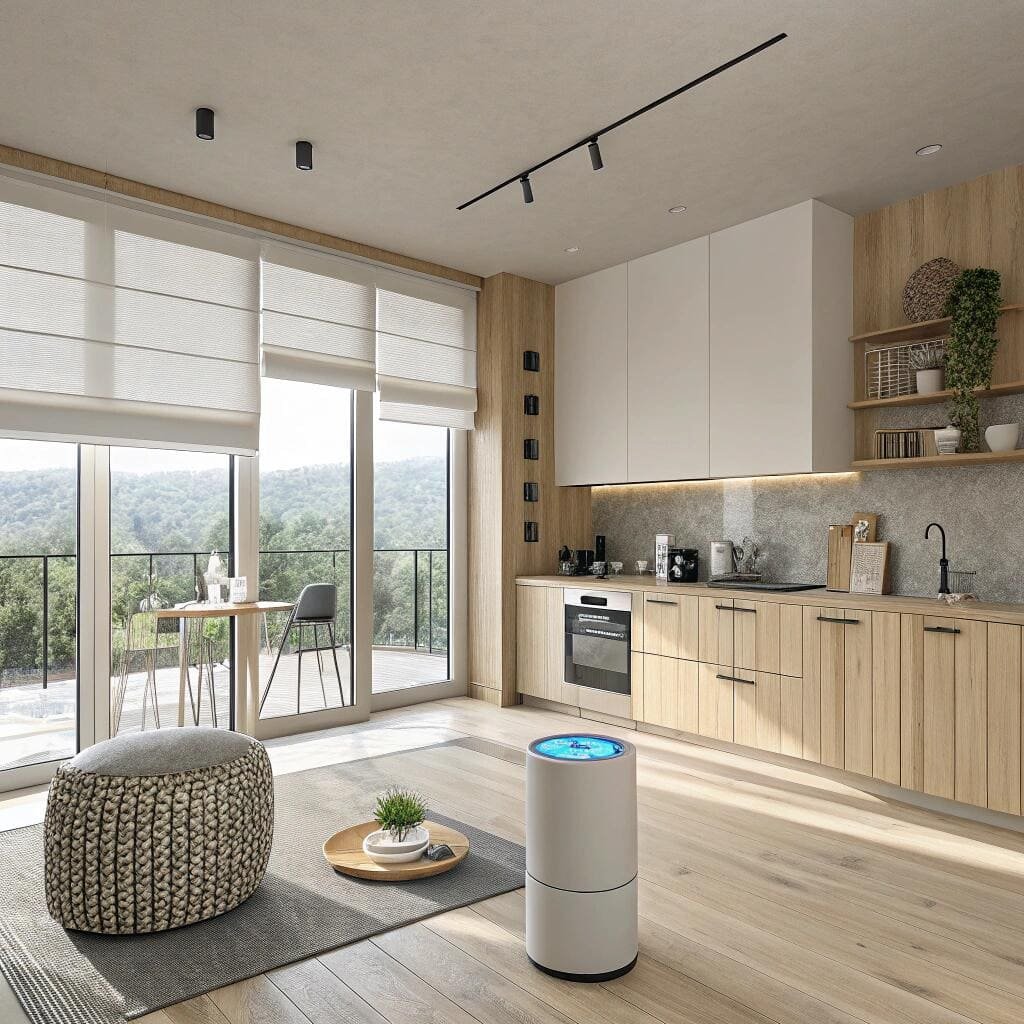 Modern kitchen with roman blinds