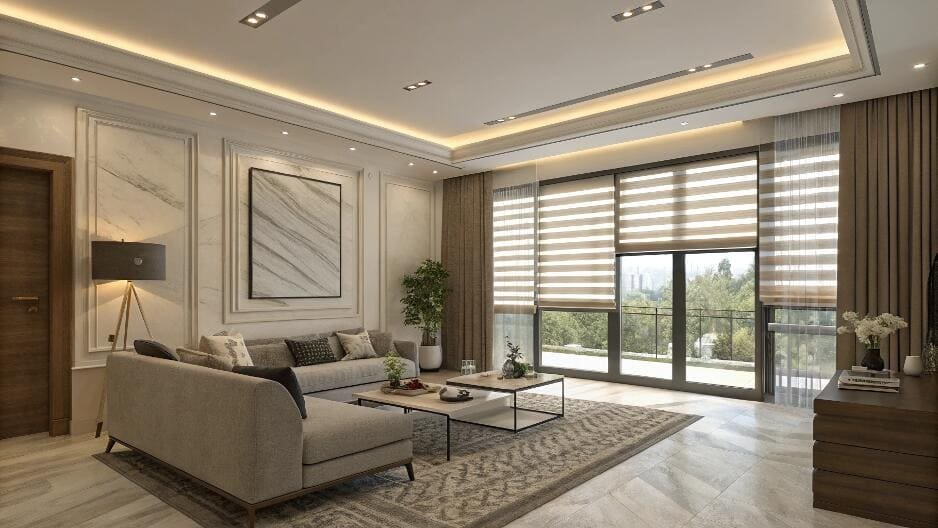 Contemporary living room with zebra blinds