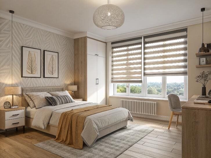Bedroom interior with light zebra blinds