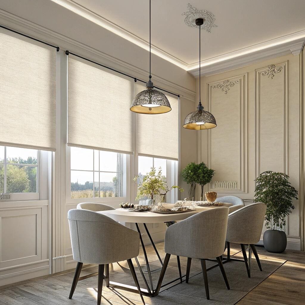 Elegant dining room with cream roller shades and pendant lights