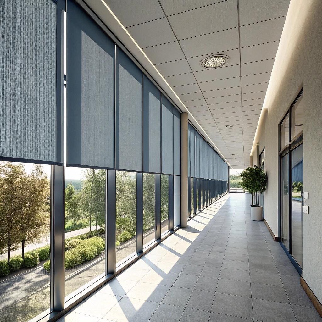 Office corridor with blue blackout roller blinds and large windows