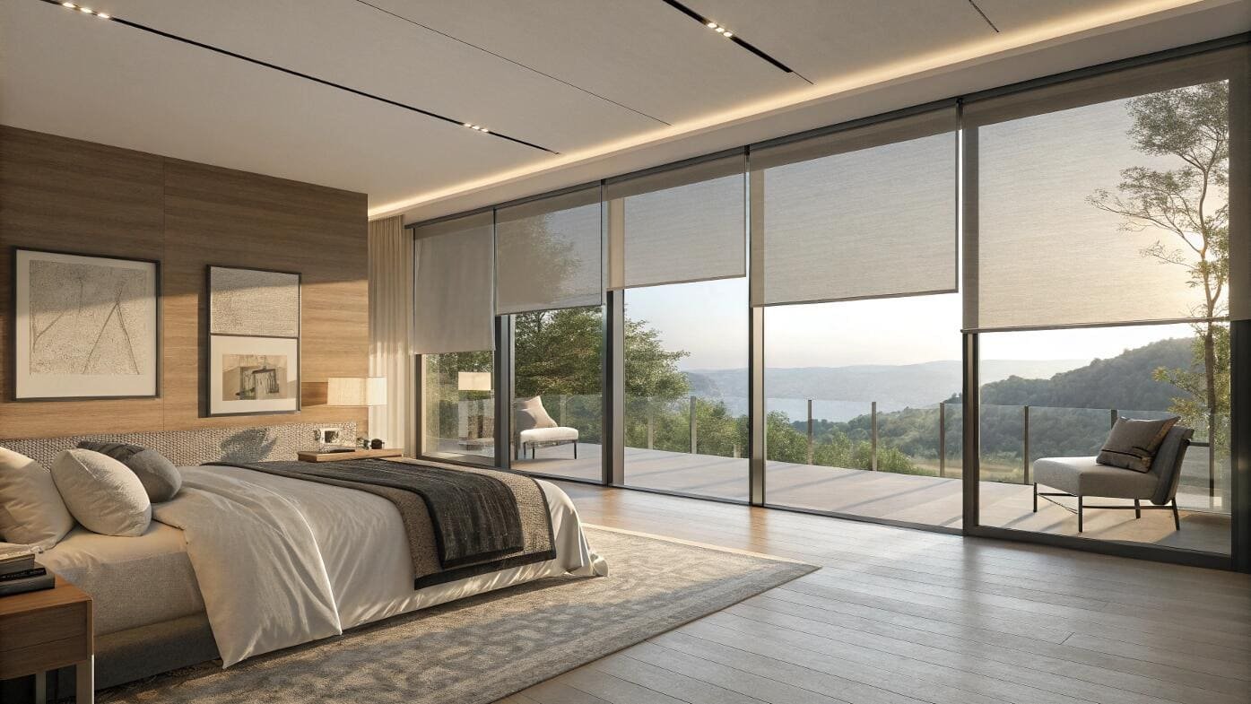 Luxury bedroom with panoramic windows and motorized roller blinds