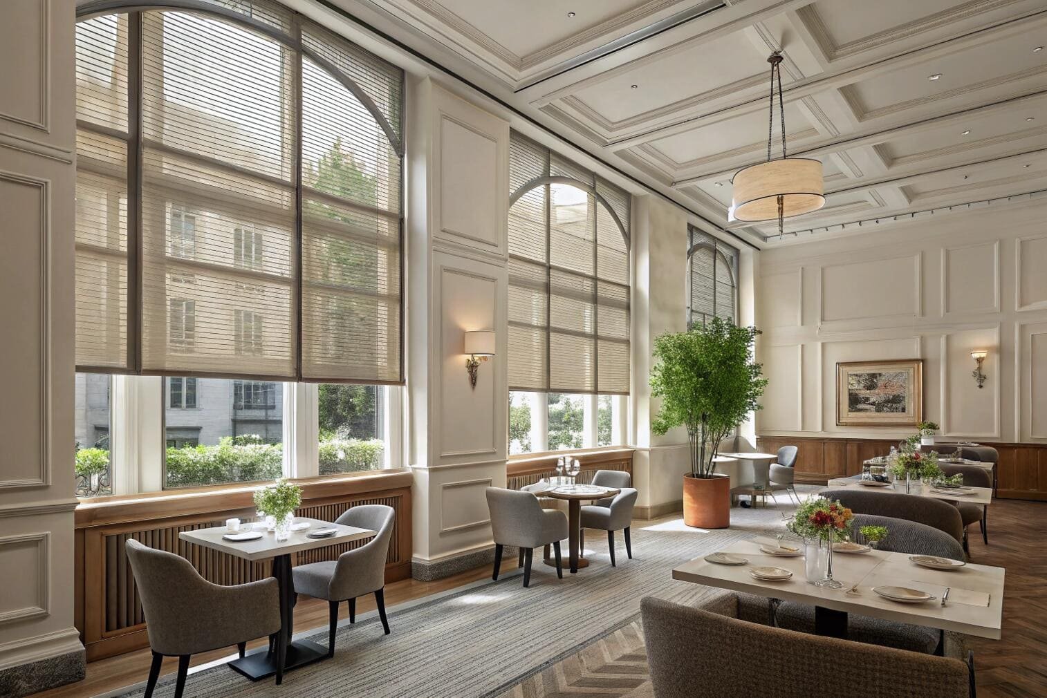 Chic restaurant with arched windows and pleated blinds